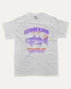 Oceanside Seafood graphic tee with bold and humorous print, Food Graphic Tee, Seafood Lover, Retro Inspired Graphic T shirt, Cute Retro Vintage Graphic T shirt, funny and trendy graphic. Perfect for adults and gift-giving. Ash Grey shirt.