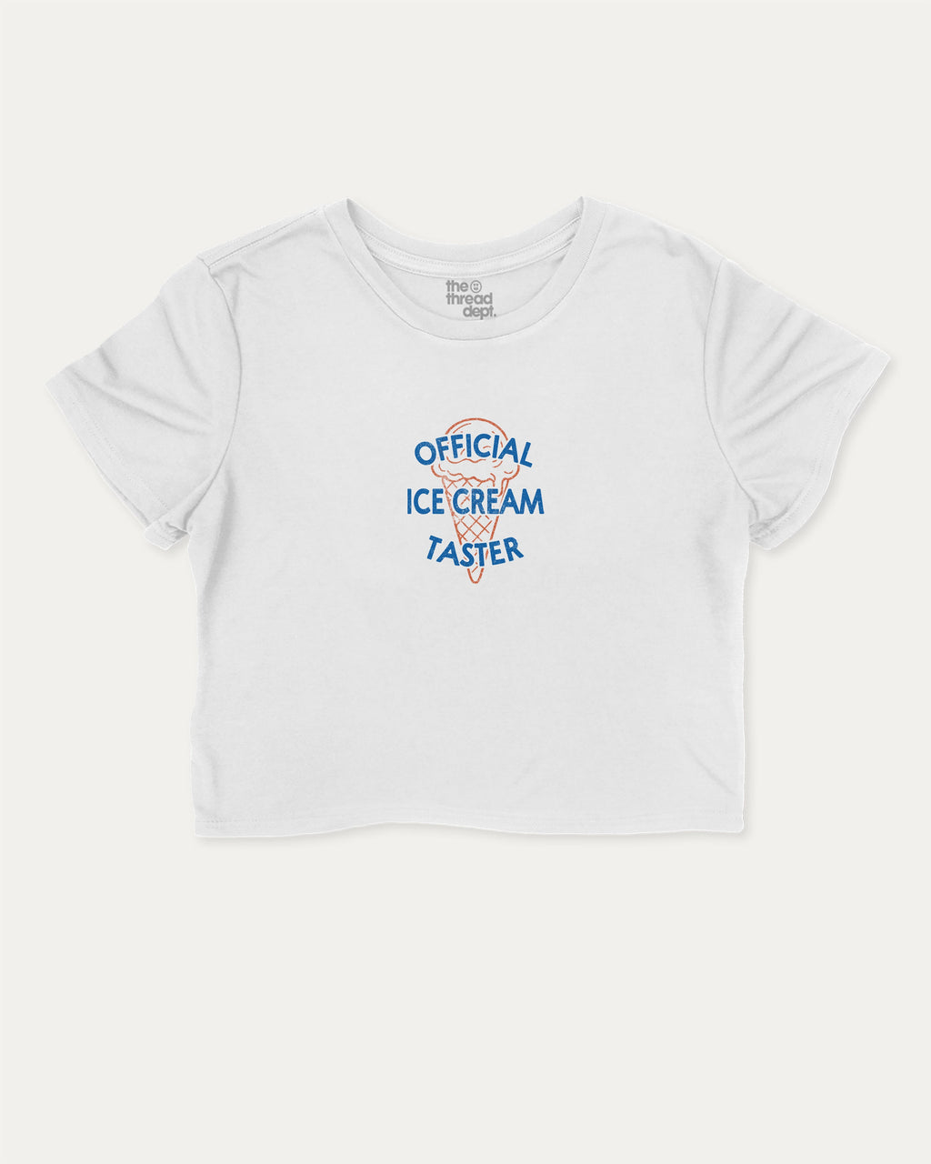 Official Ice Cream Taster graphic crop tee with funny and trendy slogan print, perfect for women’s casual looks or layering. White crop t-shirt.