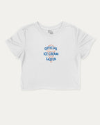 Official Ice Cream Taster graphic crop tee with funny and trendy slogan print, perfect for women’s casual looks or layering. White crop t-shirt.