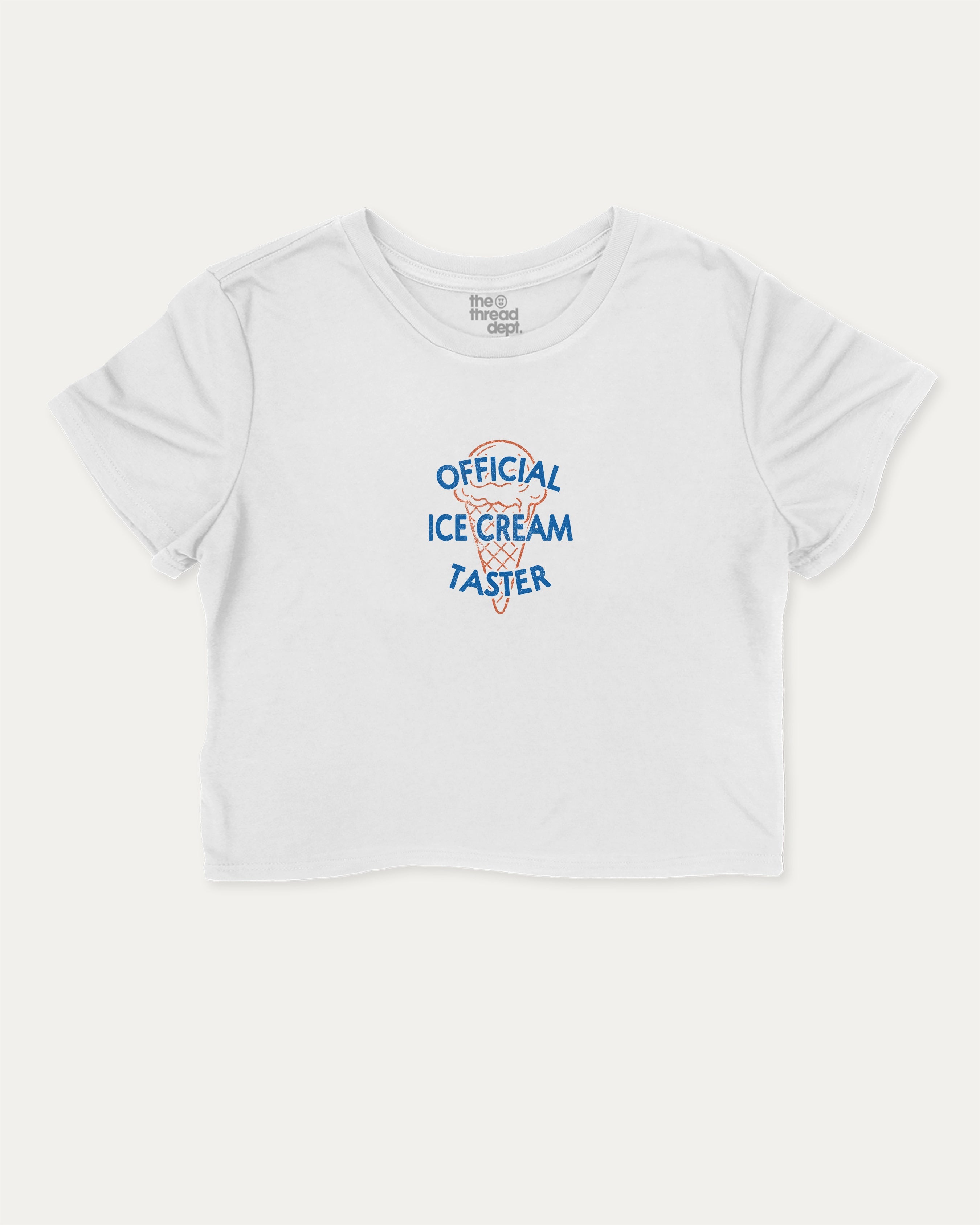 Official Ice Cream Taster graphic crop tee with funny and trendy slogan print, perfect for women’s casual looks or layering. White crop t-shirt.