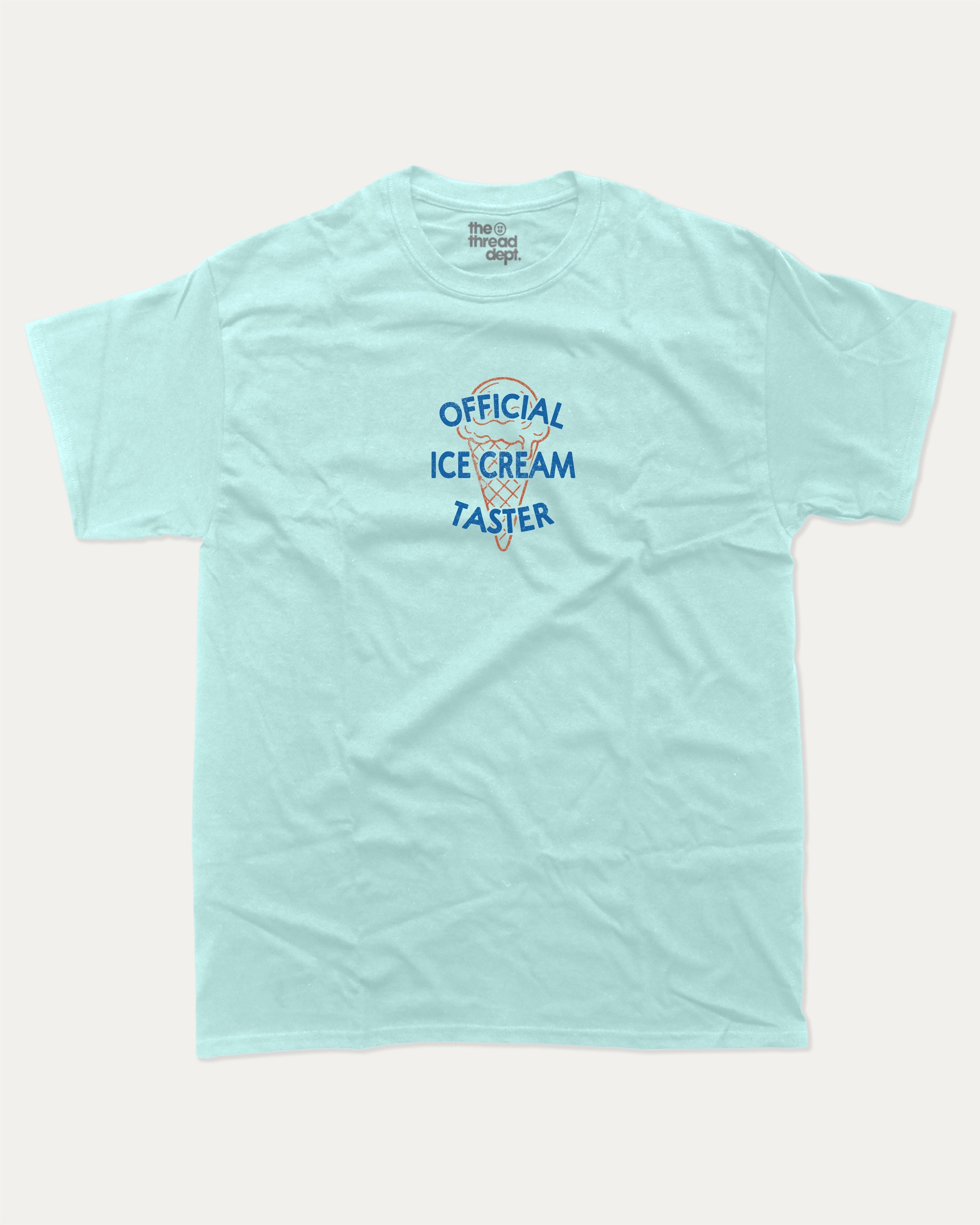 Official Ice Cream Taster graphic tee with bold and humorous print, funny and trendy graphic. Retro Inspired Graphic T shirt, Vintage Ice Cream Graphic T shirt,  Perfect for adults and gift-giving. Celadon shirt.