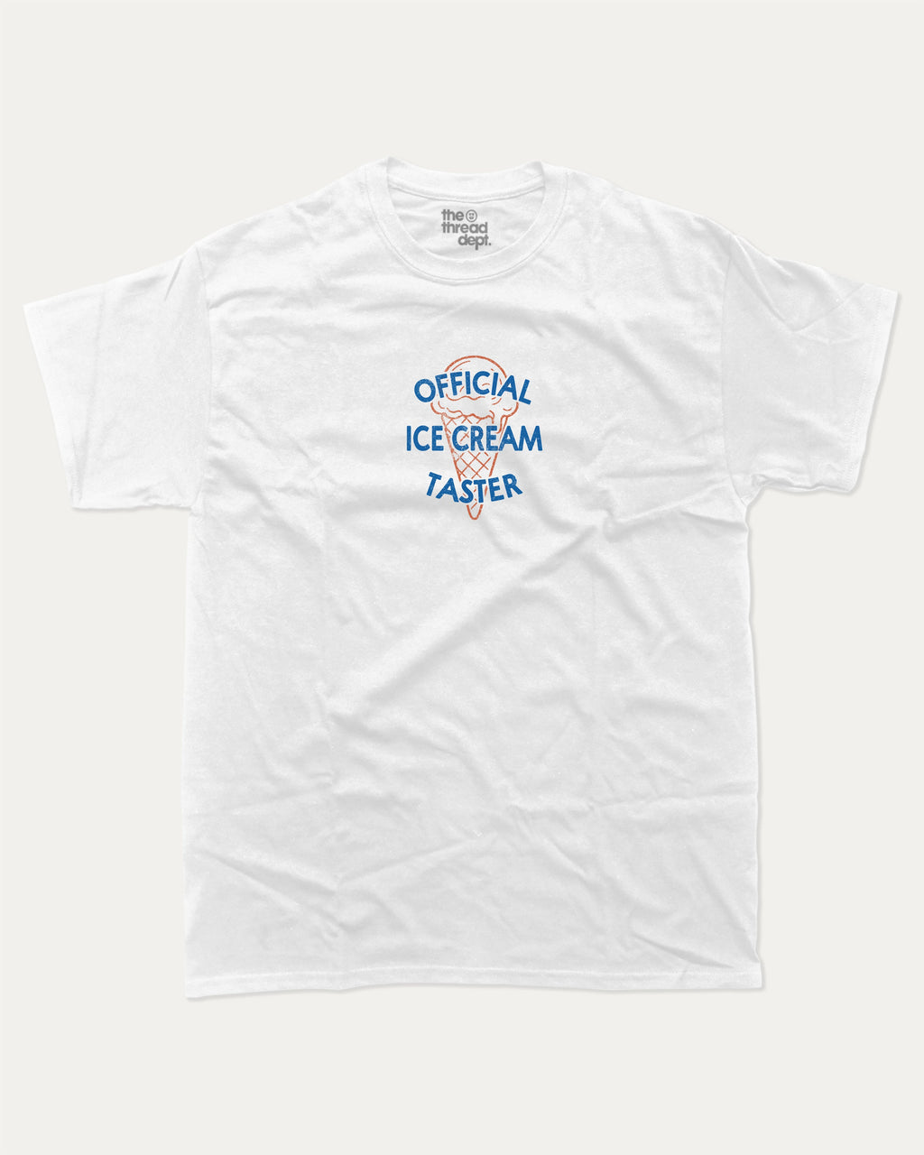 Official Ice Cream Taster graphic tee with bold and humorous print, funny and trendy graphic. Retro Inspired Graphic T shirt, Vintage Ice Cream Graphic T shirt,  Perfect for adults and gift-giving. White shirt.