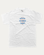 Official Ice Cream Taster graphic tee with bold and humorous print, funny and trendy graphic. Retro Inspired Graphic T shirt, Vintage Ice Cream Graphic T shirt,  Perfect for adults and gift-giving. White shirt.