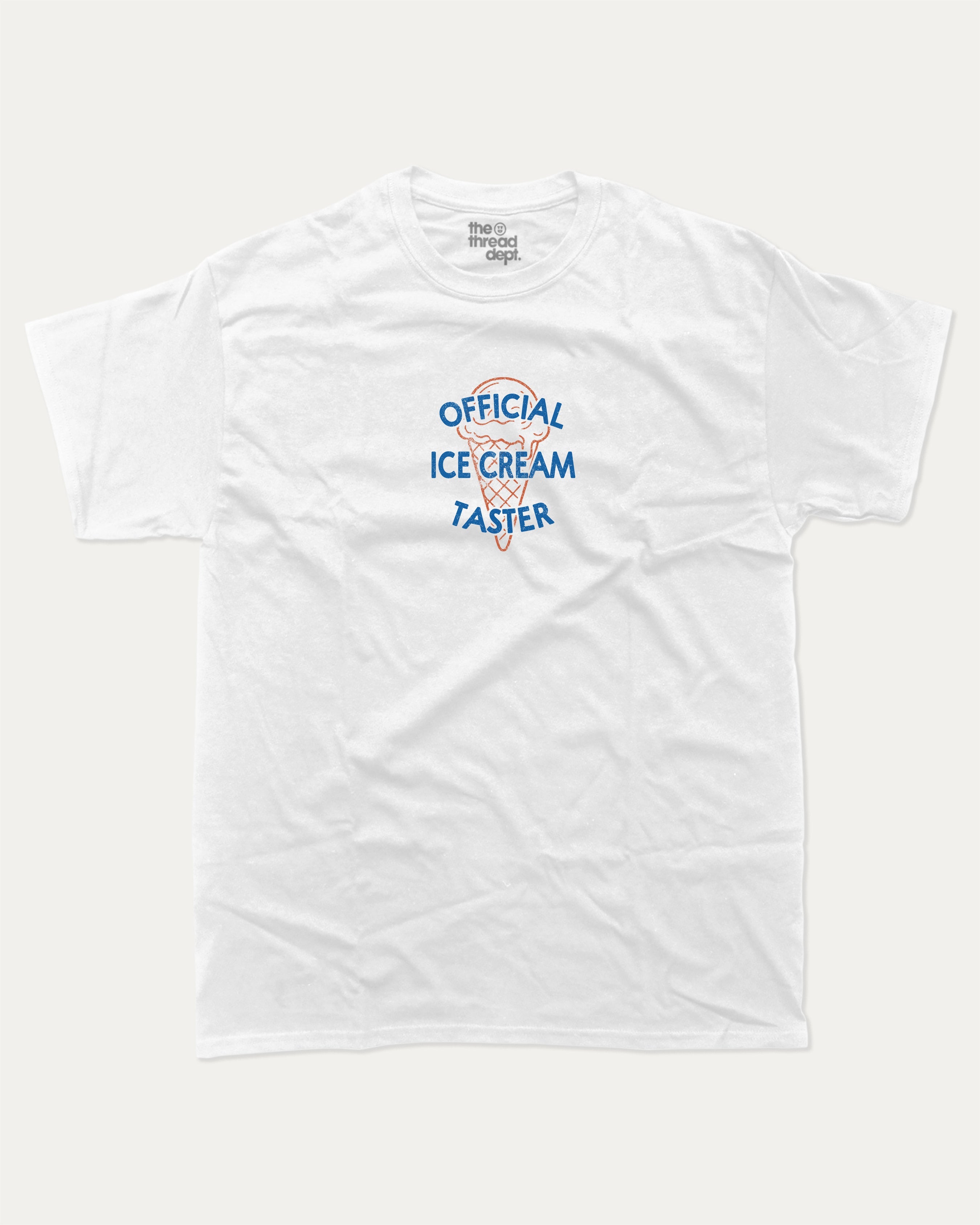 Official Ice Cream Taster graphic tee with bold and humorous print, funny and trendy graphic. Retro Inspired Graphic T shirt, Vintage Ice Cream Graphic T shirt,  Perfect for adults and gift-giving. White shirt.