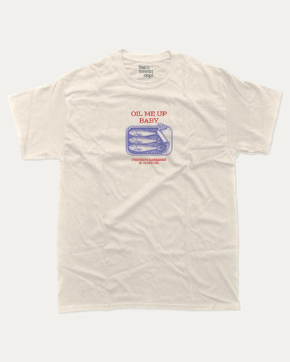 Oil Me Up Baby graphic t-shirt, Food Graphic T shirt, Funny Food T shirt, A must-have funny tee, trending meme shirt, unique gift idea. Cream.