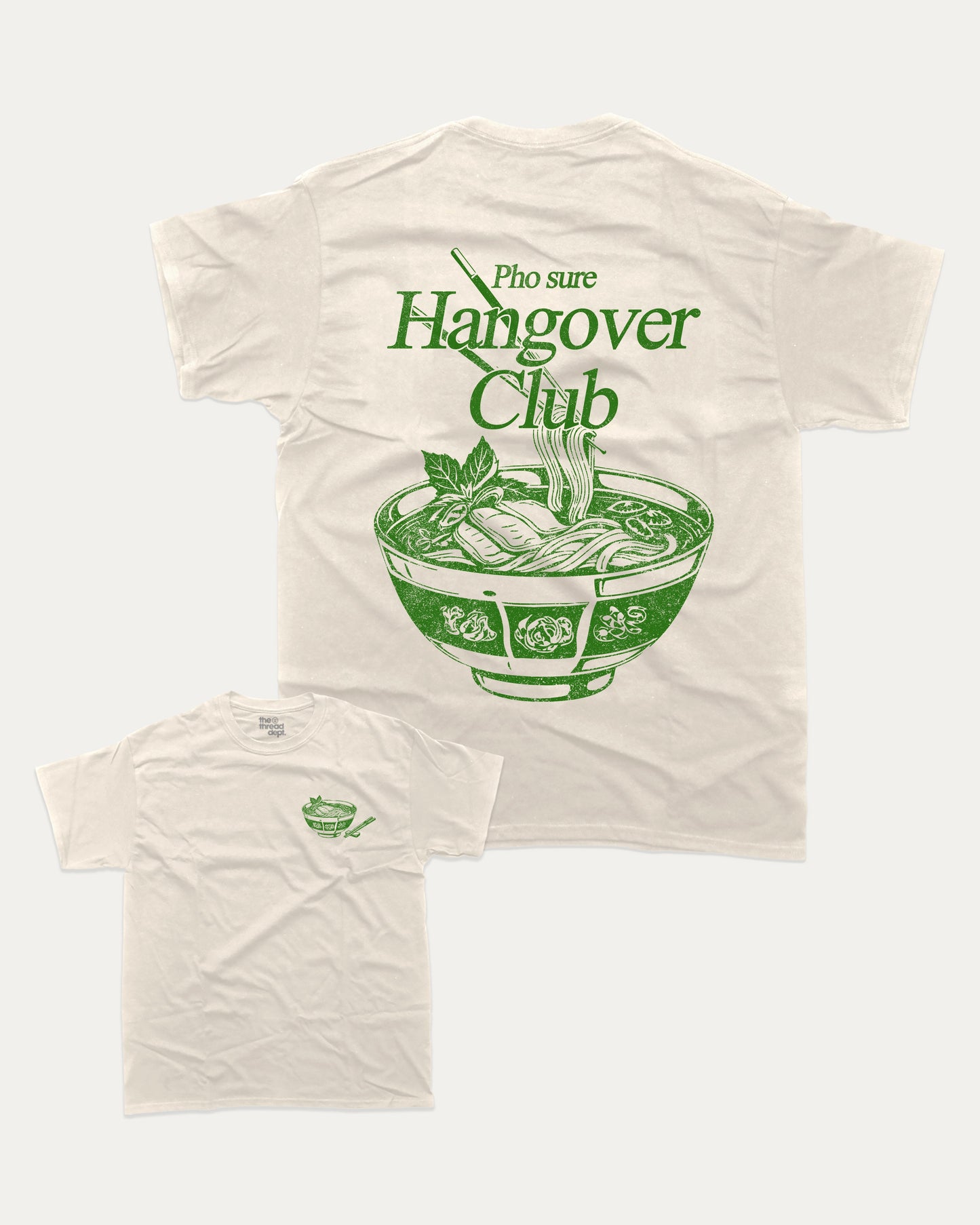 Pho Sure Hangover Club graphic tee with bold and humorous print, Perfect Gift for Pho Lover, Food Graphic T shirt,  funny and trendy graphic. Perfect for adults and gift-giving. Cream shirt.