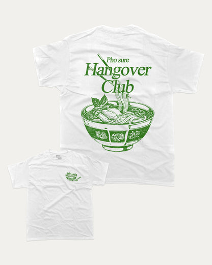 Pho Sure Hangover Club graphic tee with bold and humorous print, Perfect Gift for Pho Lover, Food Graphic T shirt,  funny and trendy graphic. Perfect for adults and gift-giving. White shirt.