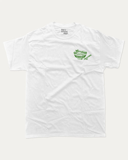 Pho Sure Hangover Club graphic tee with bold and humorous print, Perfect Gift for Pho Lover, Food Graphic T shirt,  funny and trendy graphic. Perfect for adults and gift-giving. White shirt.