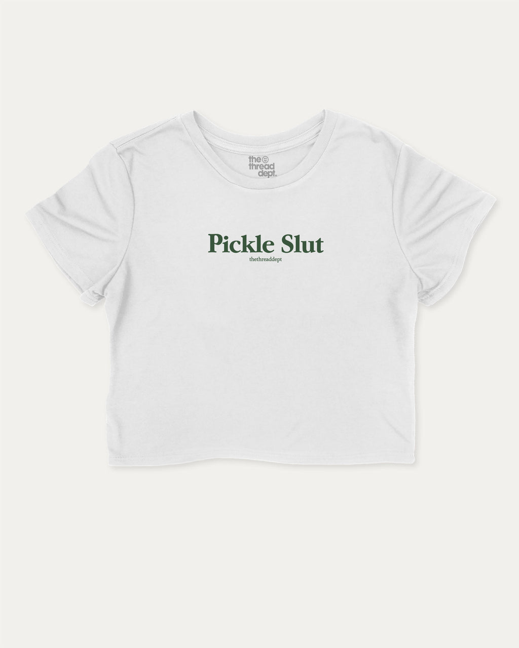 Pickle Slut graphic crop tee with funny and trendy slogan print, perfect for women_ casual looks or layering. Perfect Gift for Food Lover, Pickle Graphic T shirt, Craving Graphic T shirt, Snack Graphic T shirt,  White crop t-shirt.