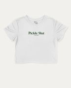 Pickle Slut graphic crop tee with funny and trendy slogan print, perfect for women_ casual looks or layering. Perfect Gift for Food Lover, Pickle Graphic T shirt, Craving Graphic T shirt, Snack Graphic T shirt,  White crop t-shirt.