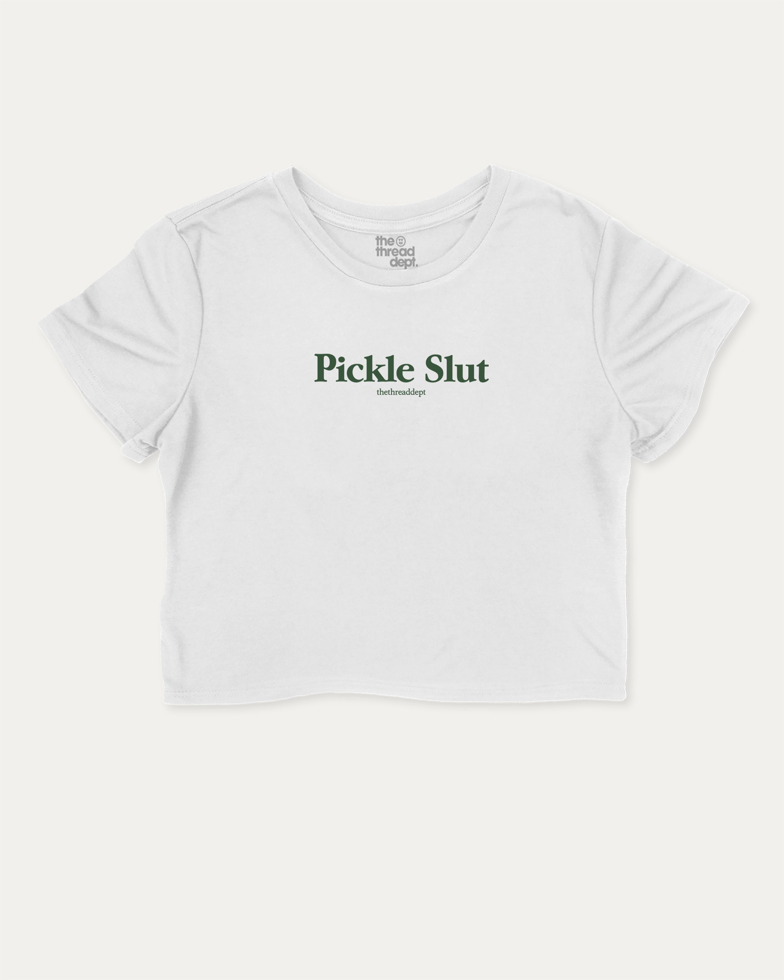 Pickle Slut graphic crop tee with funny and trendy slogan print, perfect for women_ casual looks or layering. Perfect Gift for Food Lover, Pickle Graphic T shirt, Craving Graphic T shirt, Snack Graphic T shirt,  White crop t-shirt.