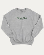 Pickle Slut graphic sweatshirt with bold and humorous print, warm and cozy graphic for everyday wear. Perfect Gift for Food Lover, Pickle Graphic T shirt, Craving Graphic T shirt, Snack Graphic T shirt,  Perfect for adults and gift-giving. Heather Grey pullover.