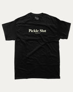 Pickle Slut graphic tee with bold and humorous print, funny and trendy graphic. Perfect Gift for Food Lover, Pickle Graphic T shirt, Craving Graphic T shirt, Snack Graphic T shirt,  Perfect for adults and gift-giving. Black shirt.