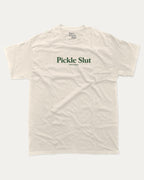 Pickle Slut graphic tee with bold and humorous print, funny and trendy graphic. Perfect Gift for Food Lover, Pickle Graphic T shirt, Craving Graphic T shirt, Snack Graphic T shirt,  Perfect for adults and gift-giving. Cream shirt.