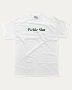 Pickle Slut graphic tee with bold and humorous print, funny and trendy graphic. Perfect Gift for Food Lover, Pickle Graphic T shirt, Craving Graphic T shirt, Snack Graphic T shirt,  Perfect for adults and gift-giving. White shirt.