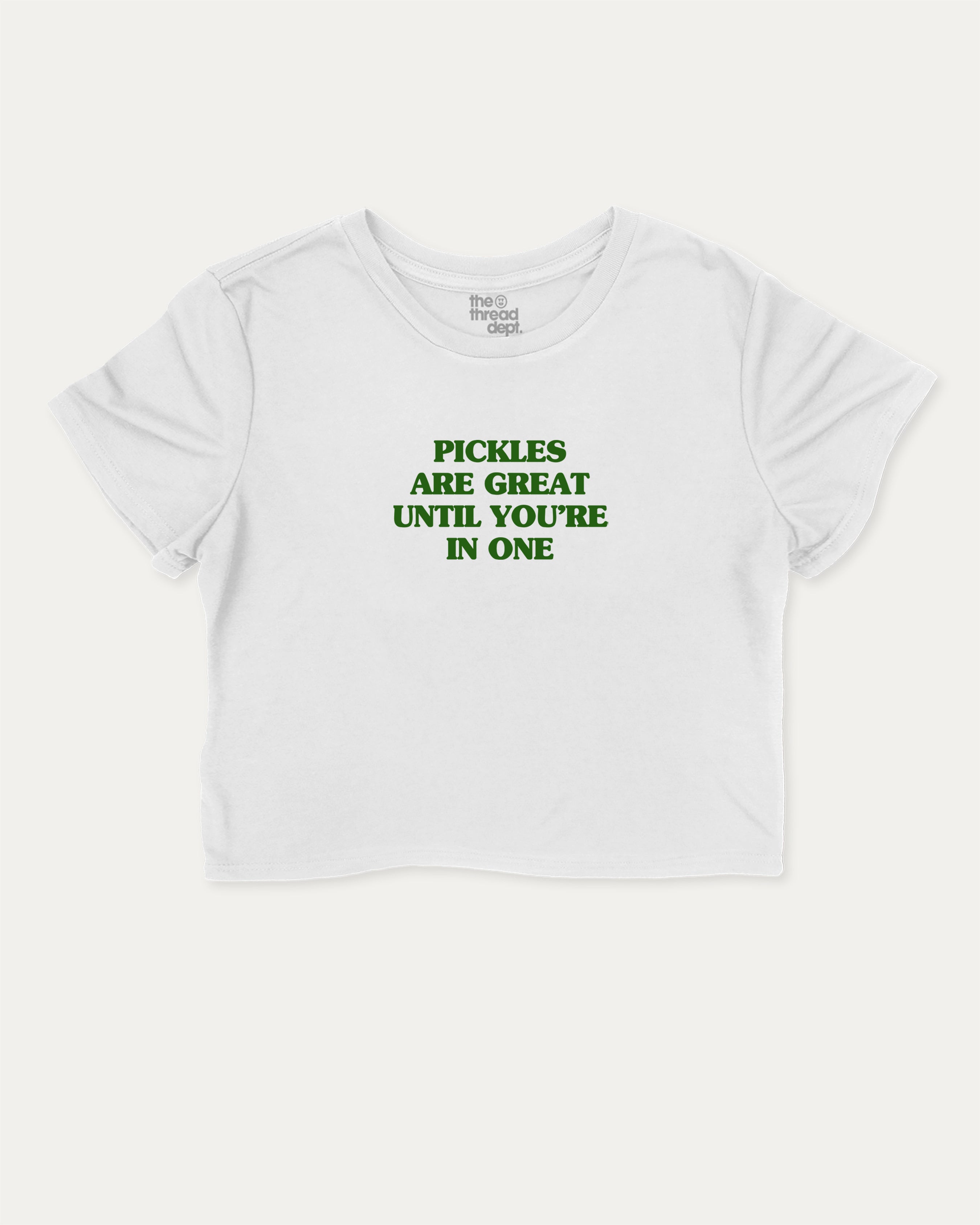 Pickles are great graphic crop tee with funny and trendy slogan print, perfect for women’s casual looks or layering. White crop t-shirt.