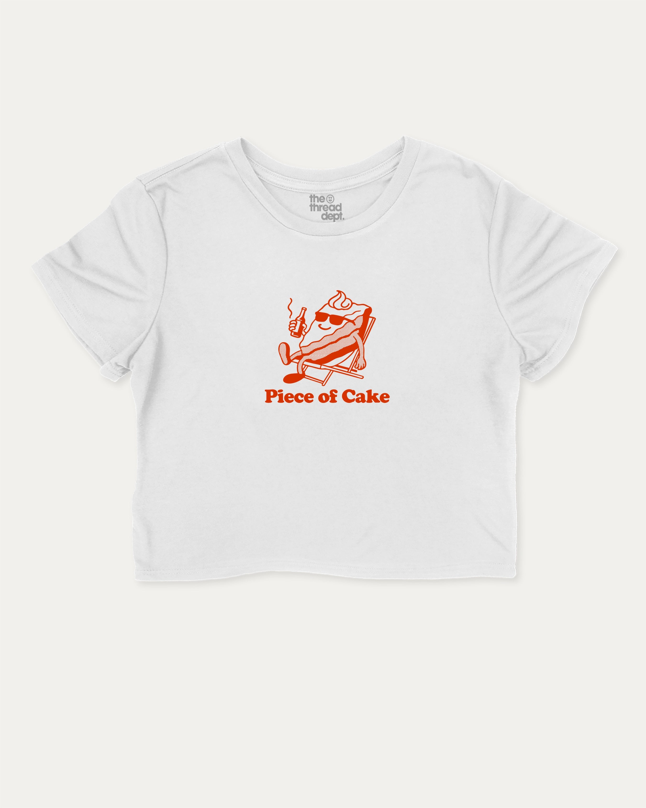 Piece Of Cake graphic crop tee with funny and trendy slogan print, Funny Food Graphic T shirt, Food Graphic Shirt, perfect for women’s casual looks or layering. White crop t-shirt.