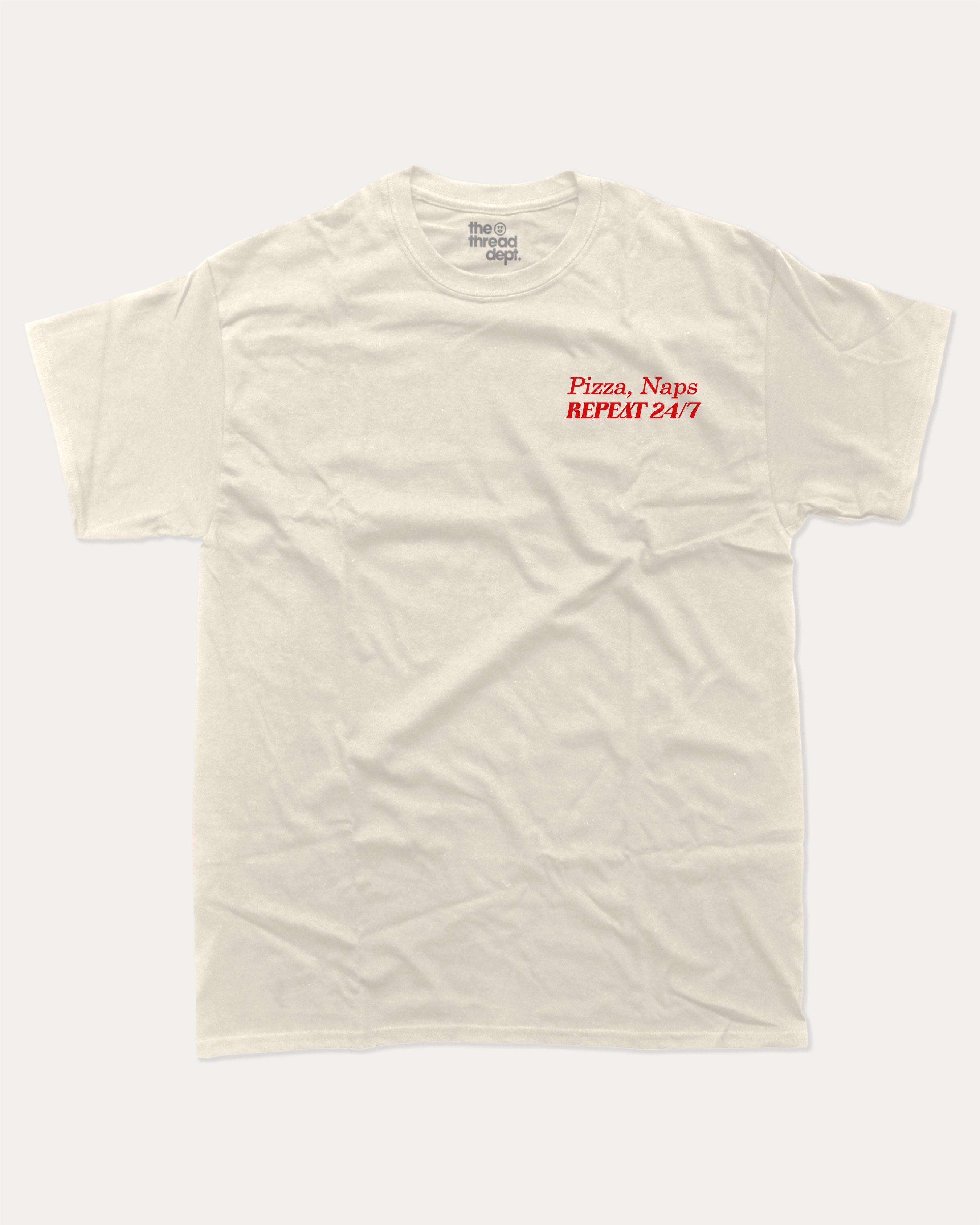 Pizza Naps Repeat graphic tee with bold and humorous print, funny and trendy graphic. Funny Pizza T shirt, Perfect Gift for Pizza Lover,  Perfect for adults and gift-giving. Cream shirt.