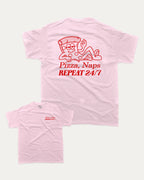Pizza Naps Repeat graphic tee with bold and humorous print, funny and trendy graphic. Funny Pizza T shirt, Perfect Gift for Pizza Lover,  Perfect for adults and gift-giving. Pink shirt.