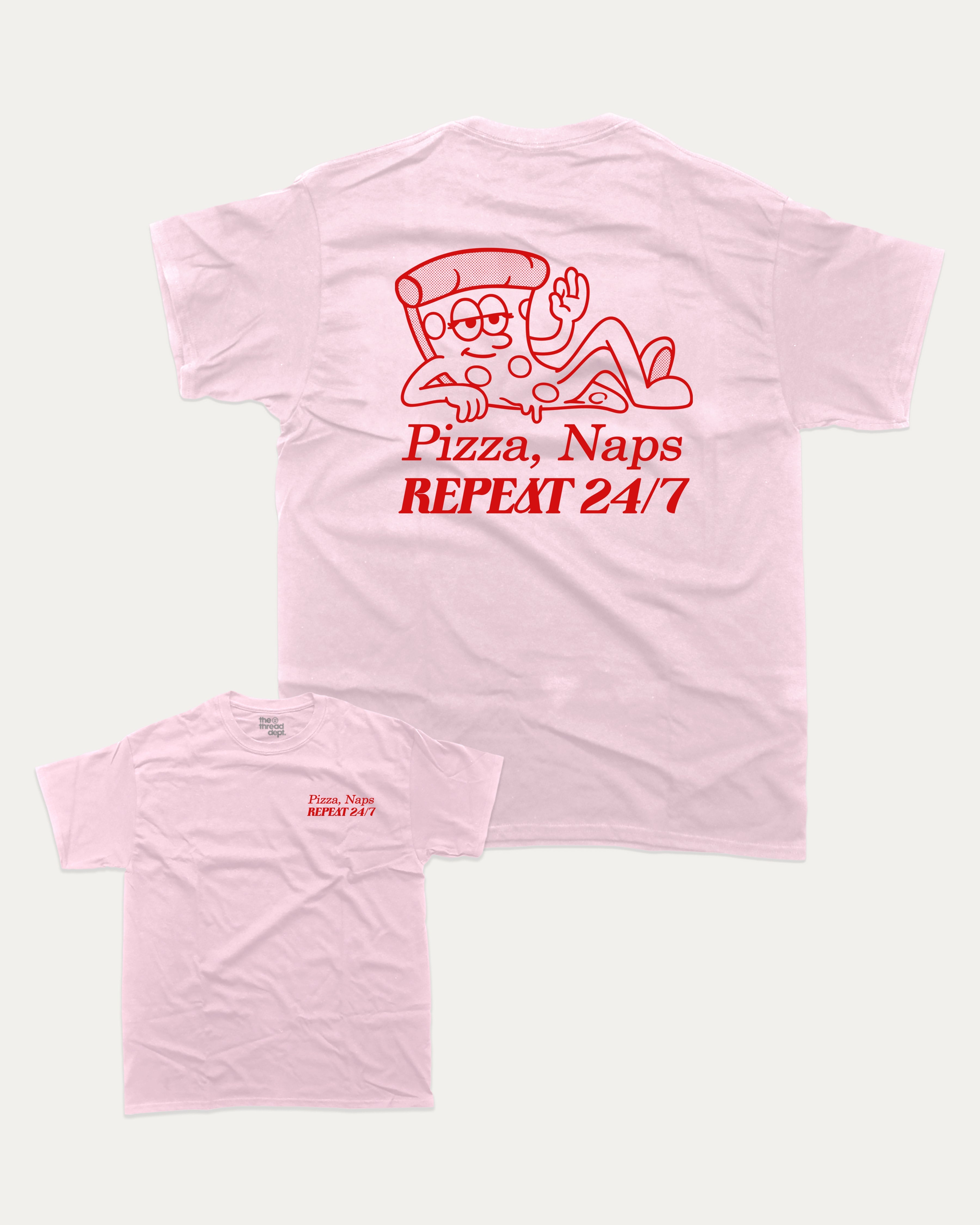 Pizza Naps Repeat graphic tee with bold and humorous print, funny and trendy graphic. Funny Pizza T shirt, Perfect Gift for Pizza Lover,  Perfect for adults and gift-giving. Pink shirt.