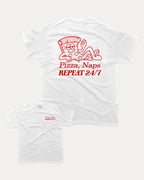Pizza Naps Repeat graphic tee with bold and humorous print, funny and trendy graphic. Funny Pizza T shirt, Perfect Gift for Pizza Lover,  Perfect for adults and gift-giving. White shirt.