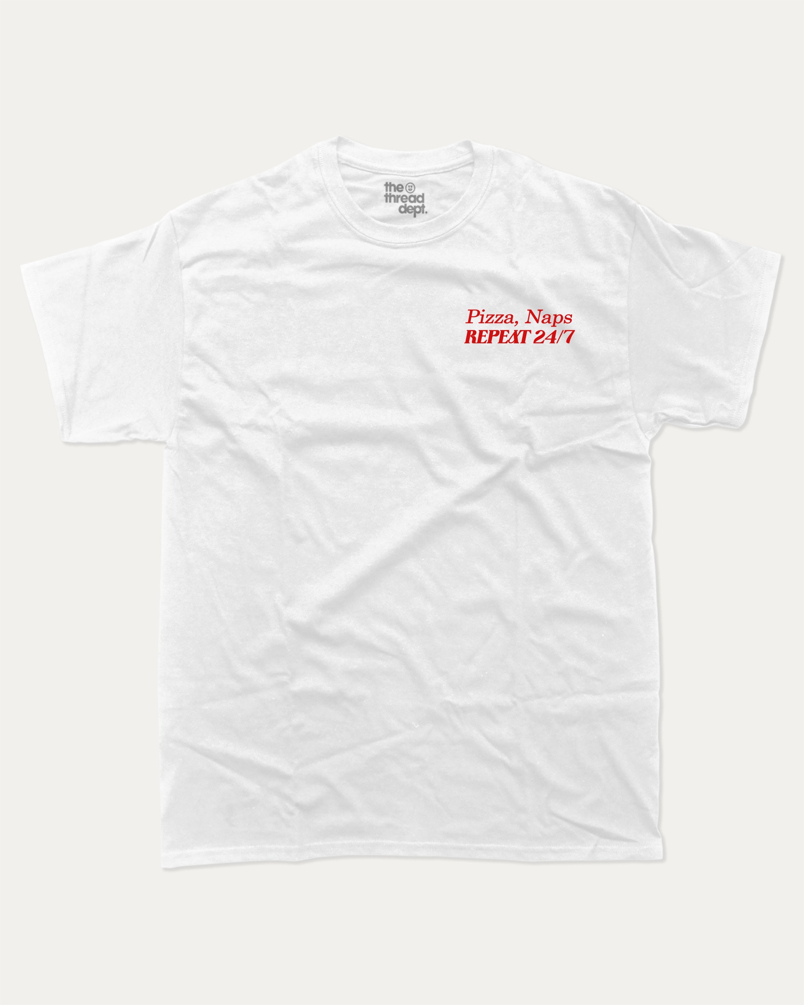 Pizza Naps Repeat graphic tee with bold and humorous print, funny and trendy graphic. Funny Pizza T shirt, Perfect Gift for Pizza Lover,  Perfect for adults and gift-giving. White shirt.