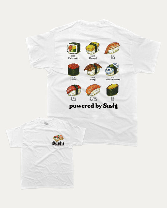 Powered By Sushi graphic t-shirt, Sushi-themed graphic t-shirt with vibrant illustration  ideal for casual looks, foodies, or unique fashion. White.