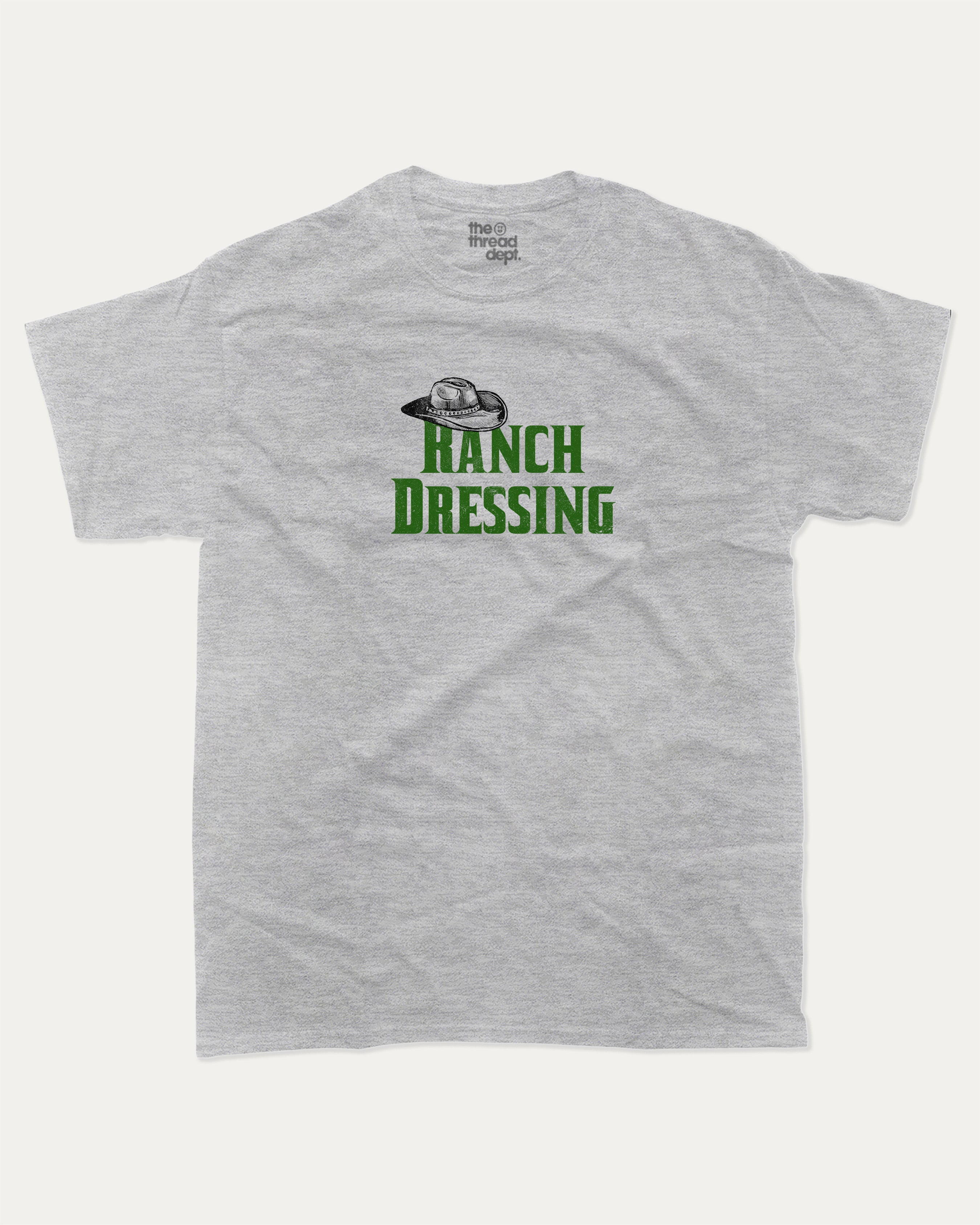 Ranch Dressing graphic tee with bold and humorous print, Funny Food Graphic T shirt, Food Graphic Tee, funny and trendy graphic. Perfect for adults and gift-giving. Heather Grey shirt.
