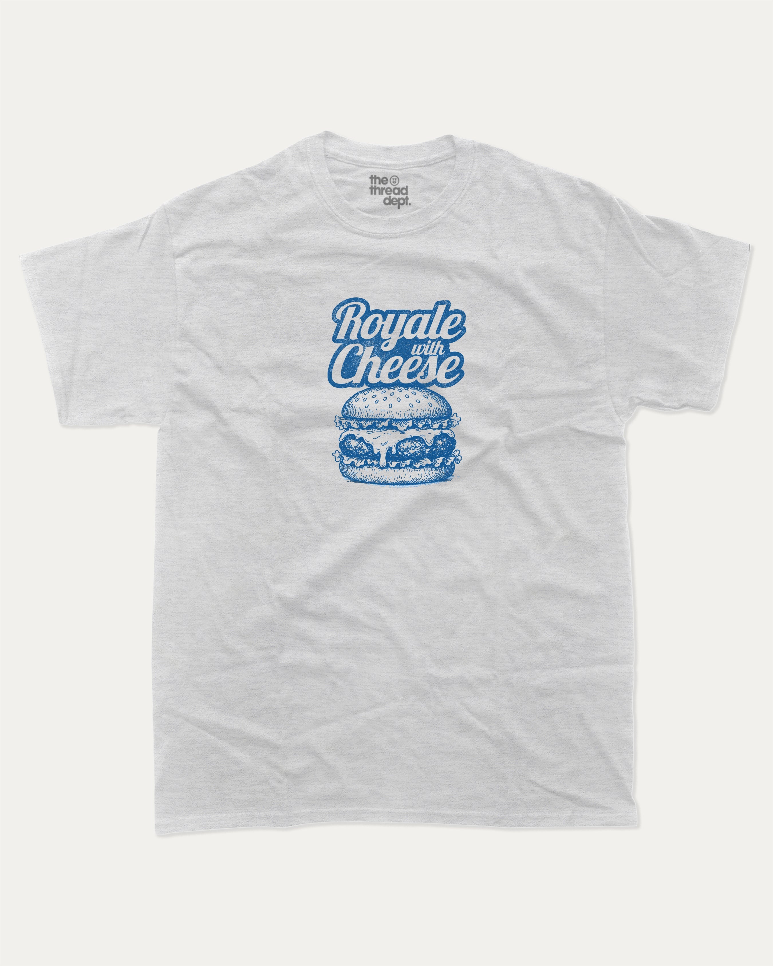 Royale with Cheese graphic tee with bold and humorous print, funny and trendy graphic. Perfect Gift for Food Lover, Cheese Burger Graphic T shirt, Craving Graphic T shirt, Snack Graphic T shirt,  Perfect for adults and gift-giving. Ash Grey shirt.