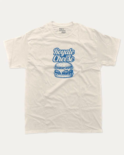 Royale with Cheese graphic tee with bold and humorous print, funny and trendy graphic. Perfect Gift for Food Lover, Cheese Burger Graphic T shirt, Craving Graphic T shirt, Snack Graphic T shirt,  Perfect for adults and gift-giving. Cream shirt.