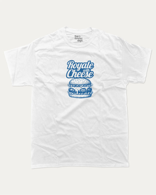 Royale with Cheese graphic tee with bold and humorous print, funny and trendy graphic. Perfect Gift for Food Lover, Cheese Burger Graphic T shirt, Craving Graphic T shirt, Snack Graphic T shirt,  Perfect for adults and gift-giving. White shirt.