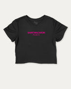 Saint Macaron graphic crop tee with funny and trendy slogan print,  Food Lover Graphic T shirt, Snack Lover T shirt, perfect for women_ casual looks or layering. Black crop t-shirt.