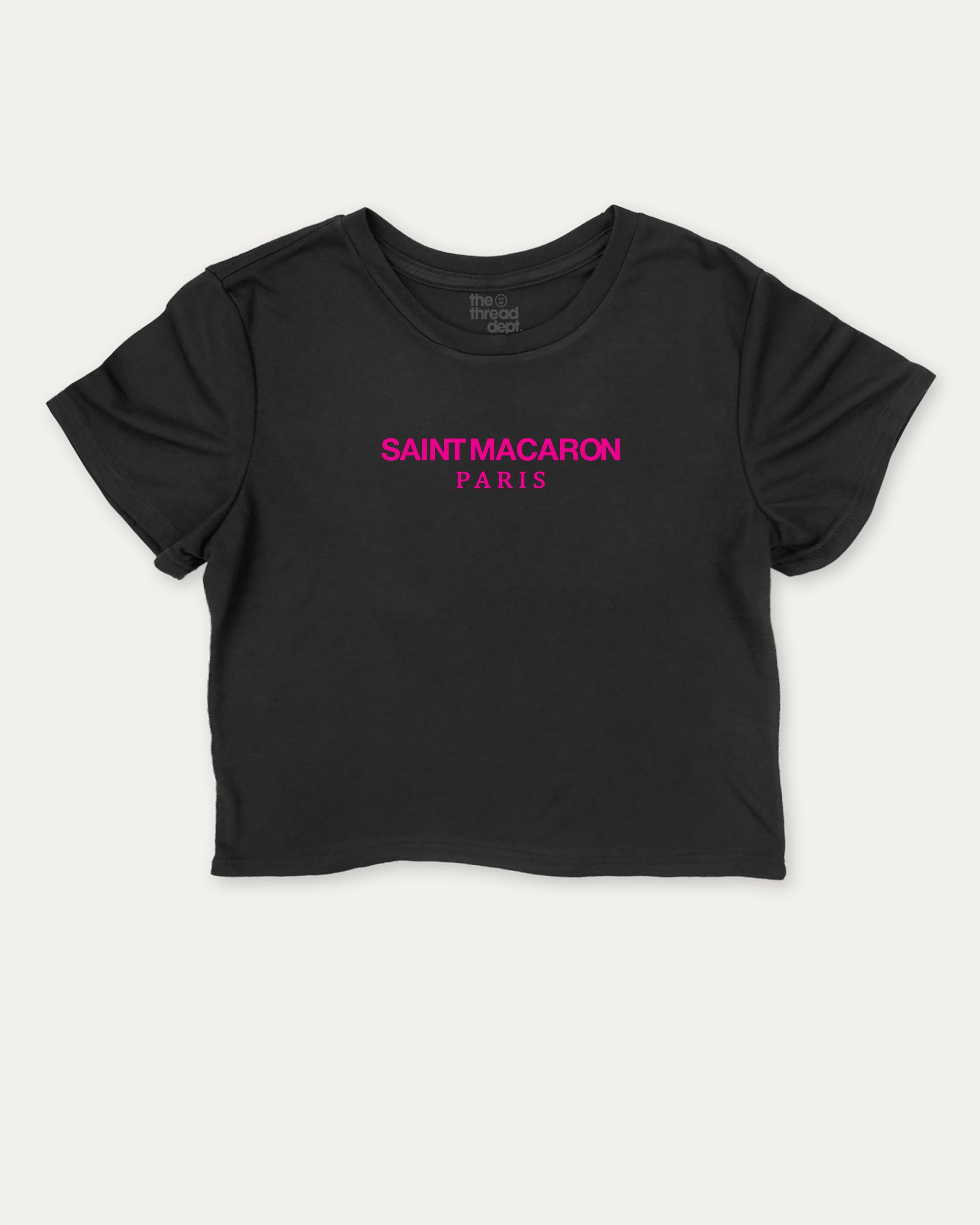 Saint Macaron graphic crop tee with funny and trendy slogan print,  Food Lover Graphic T shirt, Snack Lover T shirt, perfect for women_ casual looks or layering. Black crop t-shirt.