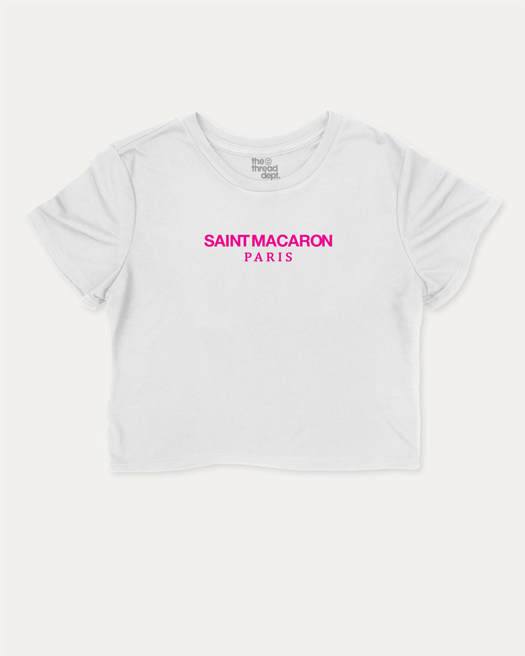 Saint Macaron graphic crop tee with funny and trendy slogan print,  Food Lover Graphic T shirt, Snack Lover T shirt, perfect for women_ casual looks or layering. White crop t-shirt.
