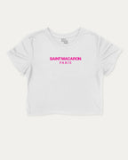 Saint Macaron graphic crop tee with funny and trendy slogan print,  Food Lover Graphic T shirt, Snack Lover T shirt, perfect for women_ casual looks or layering. White crop t-shirt.