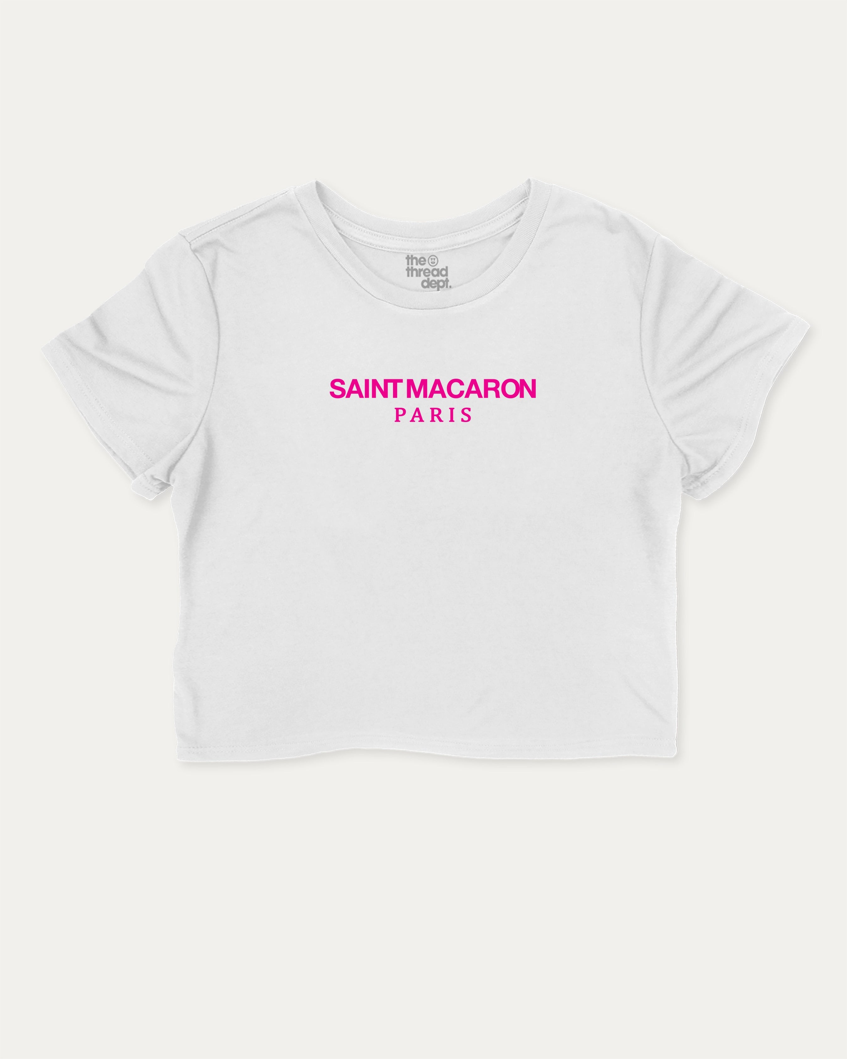 Saint Macaron graphic crop tee with funny and trendy slogan print,  Food Lover Graphic T shirt, Snack Lover T shirt, perfect for women_ casual looks or layering. White crop t-shirt.