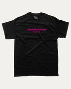 Saint Macaron graphic tee with bold and humorous print, funny and trendy graphic. Food Lover Graphic T shirt, Snack Lover T shirt, Perfect for adults and gift-giving. Black shirt.