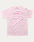Saint Macaron graphic tee with bold and humorous print, funny and trendy graphic. Food Lover Graphic T shirt, Snack Lover T shirt, Perfect for adults and gift-giving. Pink shirt.