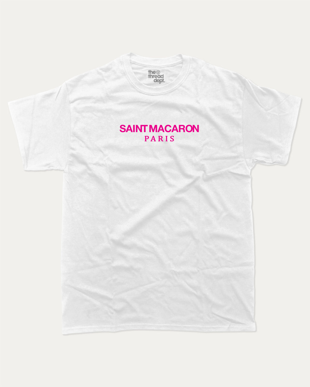 Saint Macaron graphic tee with bold and humorous print, funny and trendy graphic. Food Lover Graphic T shirt, Snack Lover T shirt, Perfect for adults and gift-giving. White shirt.