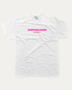 Saint Macaron graphic tee with bold and humorous print, funny and trendy graphic. Food Lover Graphic T shirt, Snack Lover T shirt, Perfect for adults and gift-giving. White shirt.
