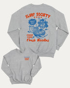 Slurp Society graphic sweatshirt with bold and humorous print, Perfect Gift for Ramen Lover, Ramen Graphic T shirt, Vintage Ramen Tee, warm and cozy graphic for everyday wear. Perfect for adults and gift-giving. Heather Grey pullover.