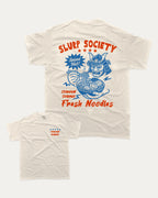 Slurp Society graphic tee with bold and humorous print, Perfect Gift for Ramen Lover, Ramen Graphic T shirt, Vintage Ramen Tee, funny and trendy graphic. Perfect for adults and gift-giving. Cream shirt.