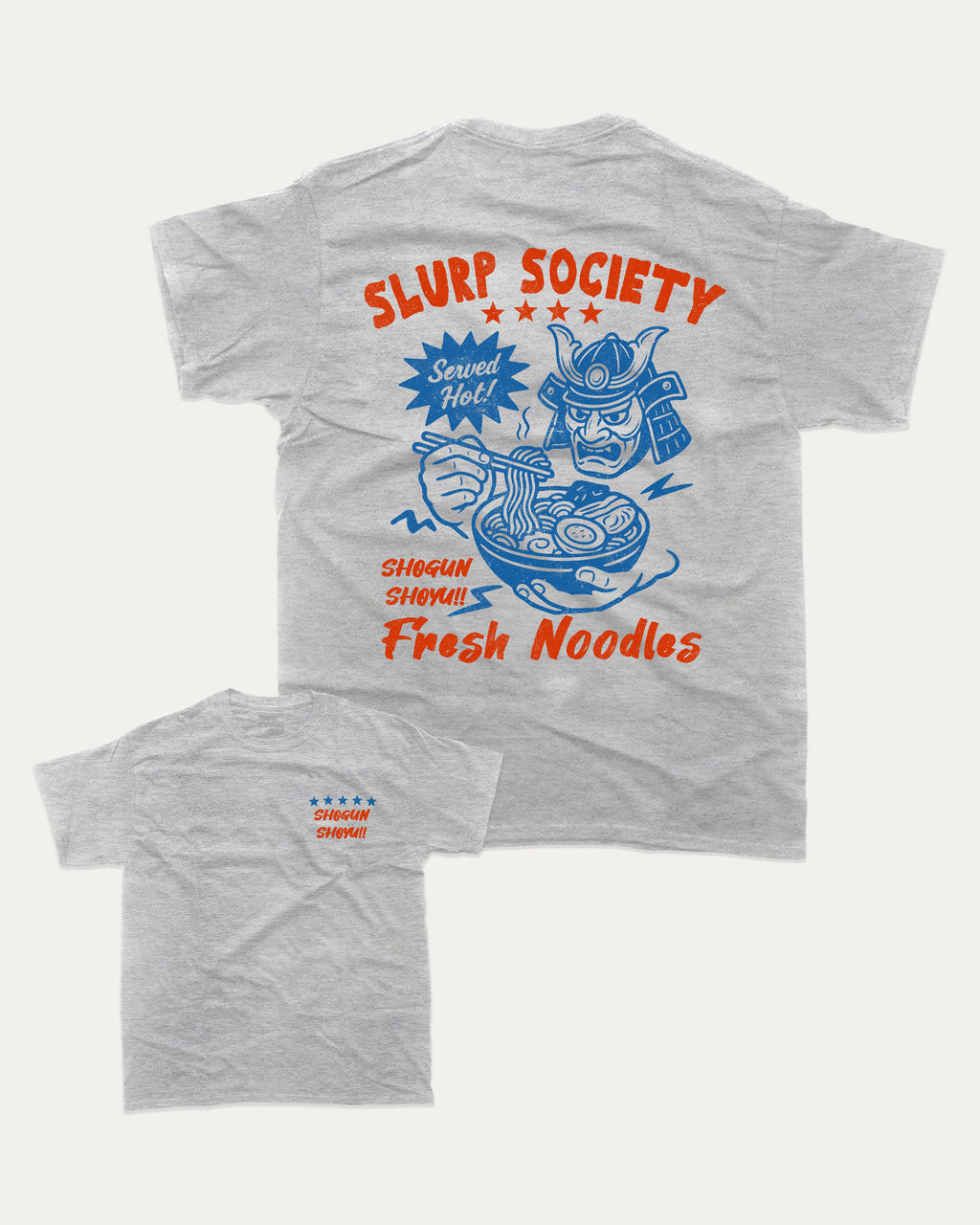 Slurp Society graphic tee with bold and humorous print, Perfect Gift for Ramen Lover, Ramen Graphic T shirt, Vintage Ramen Tee, funny and trendy graphic. Perfect for adults and gift-giving. Heather Grey shirt.