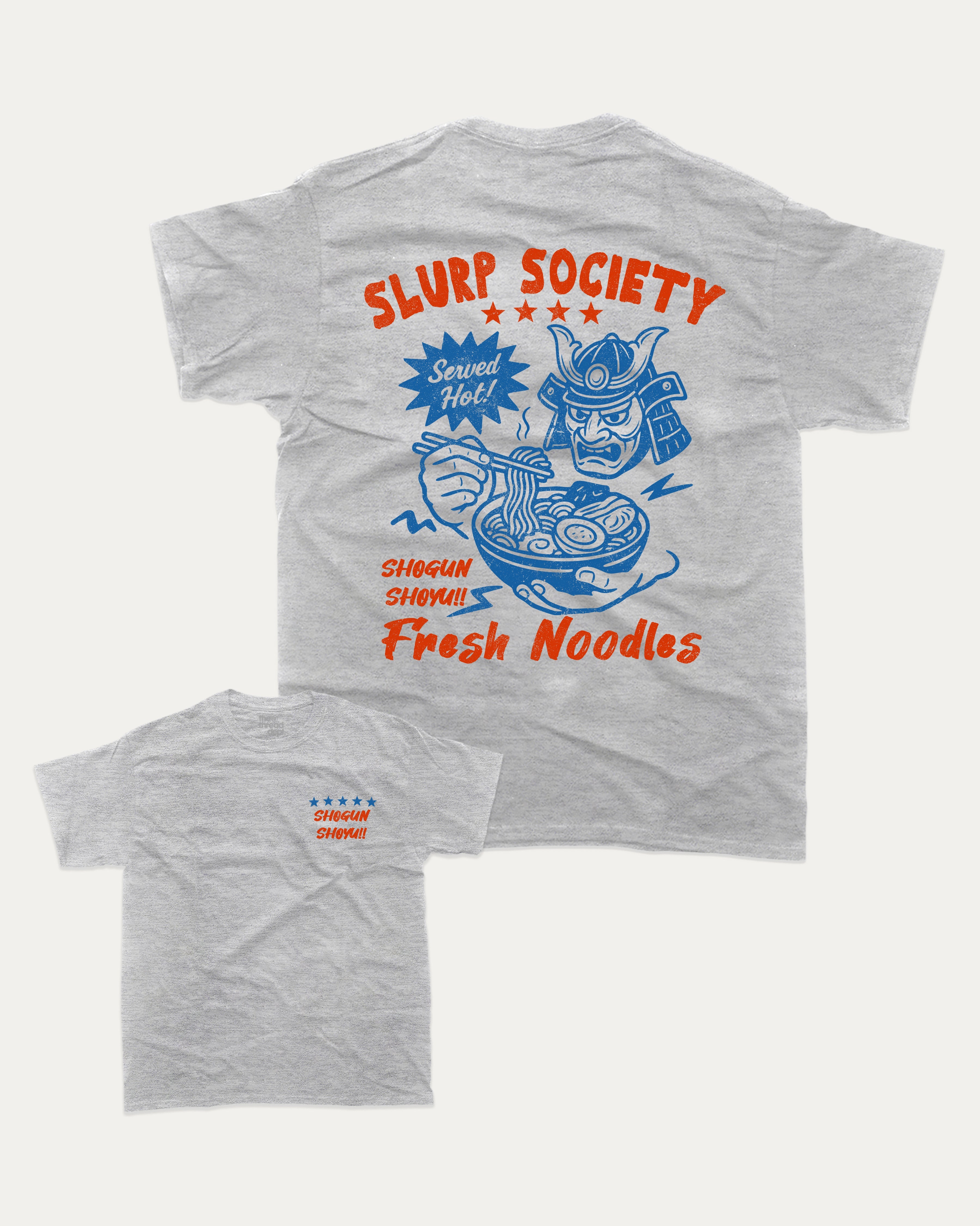 Slurp Society graphic tee with bold and humorous print, Perfect Gift for Ramen Lover, Ramen Graphic T shirt, Vintage Ramen Tee, funny and trendy graphic. Perfect for adults and gift-giving. Heather Grey shirt.