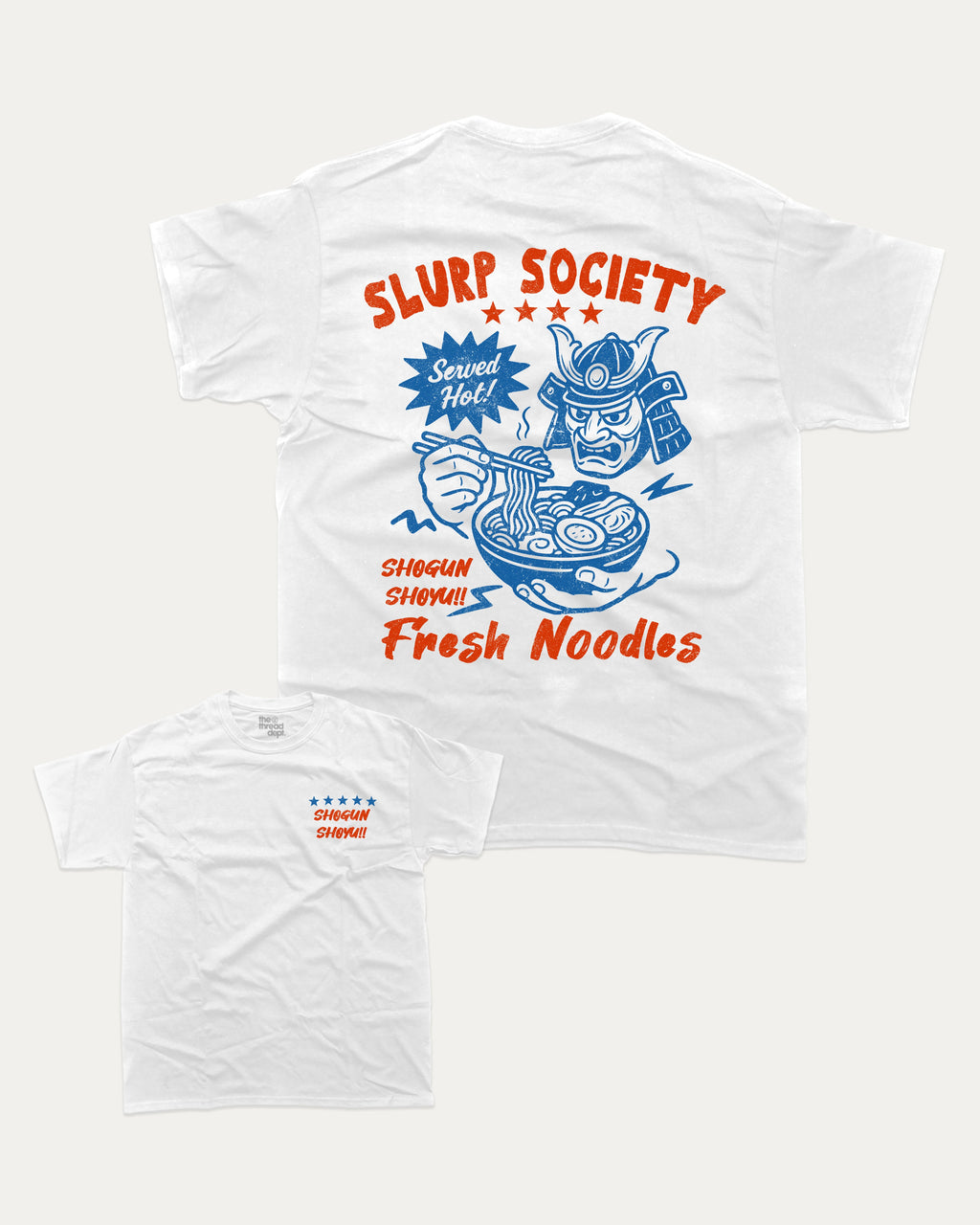 Slurp Society graphic tee with bold and humorous print, Perfect Gift for Ramen Lover, Ramen Graphic T shirt, Vintage Ramen Tee, funny and trendy graphic. Perfect for adults and gift-giving. White shirt.