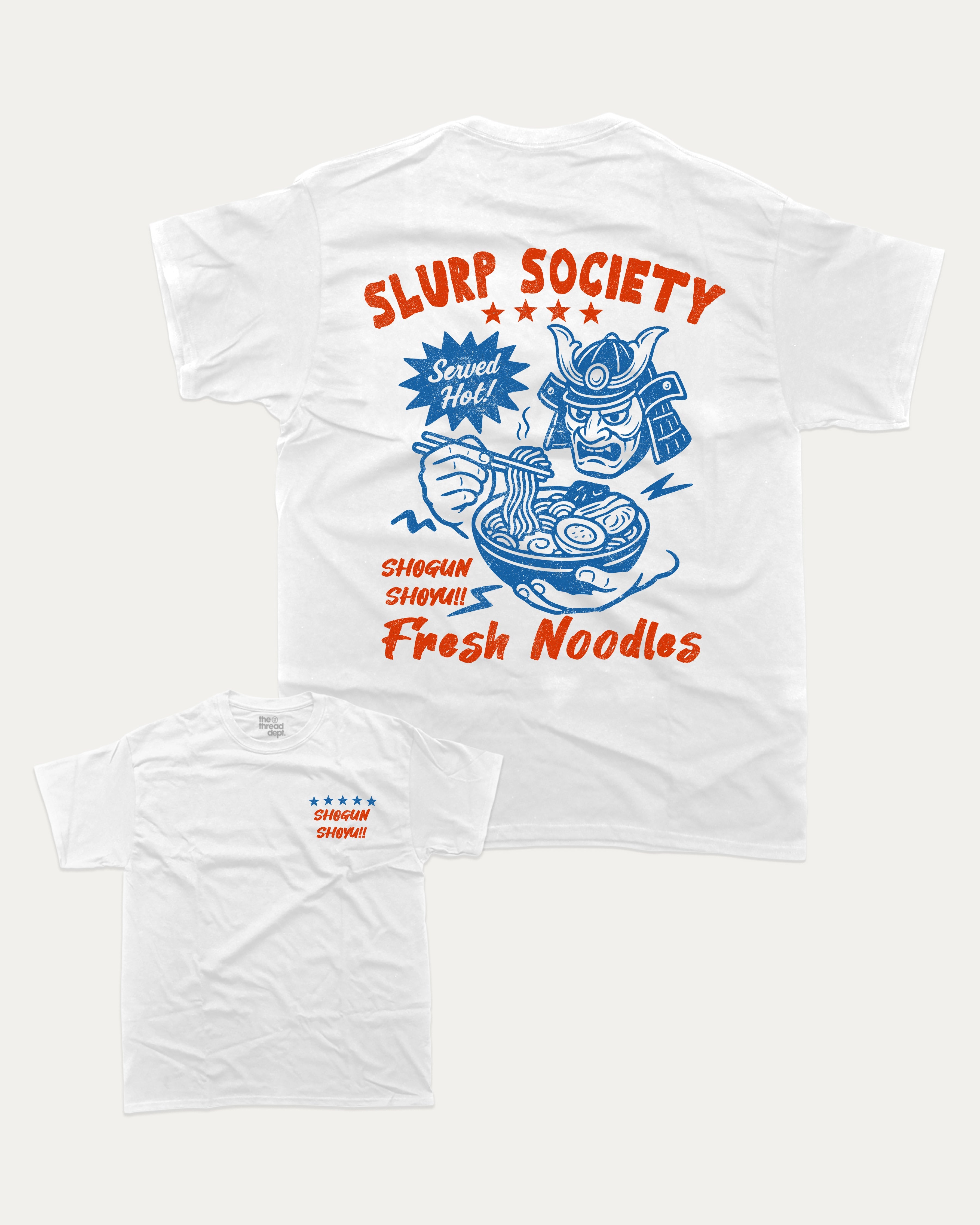 Slurp Society graphic tee with bold and humorous print, Perfect Gift for Ramen Lover, Ramen Graphic T shirt, Vintage Ramen Tee, funny and trendy graphic. Perfect for adults and gift-giving. White shirt.
