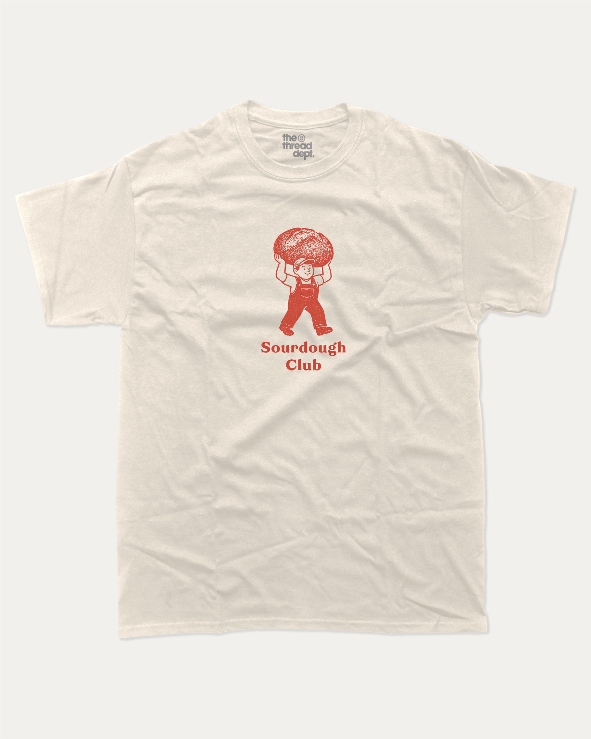 Sourdough Club graphic t-shirt, Sourdough bread character printed on a vintage food graphic T-shirt. A must-have funny tee, trending meme shirt, unique gift idea. Cream.