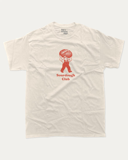 Sourdough Club graphic t-shirt, Sourdough bread character printed on a vintage food graphic T-shirt. A must-have funny tee, trending meme shirt, unique gift idea. Cream.