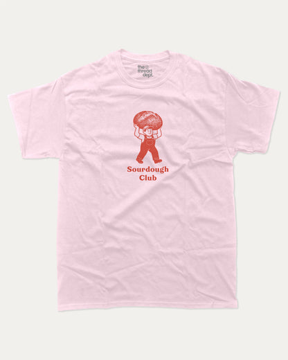 Sourdough Club graphic t-shirt, Sourdough bread character printed on a vintage food graphic T-shirt. A must-have funny tee, trending meme shirt, unique gift idea. Pink.