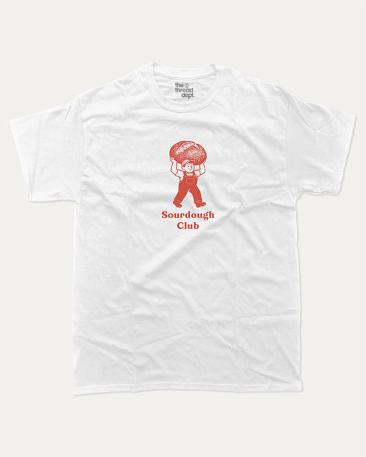 Sourdough Club graphic t-shirt, Sourdough bread character printed on a vintage food graphic T-shirt. A must-have funny tee, trending meme shirt, unique gift idea. White.